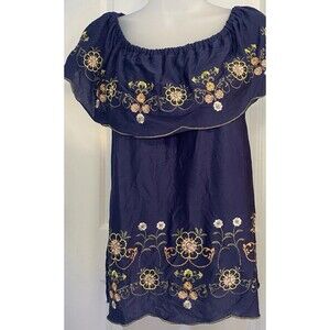 New Fever Floral Peasant Blouse Top Women X Small Embroidered Boho Indie Blue